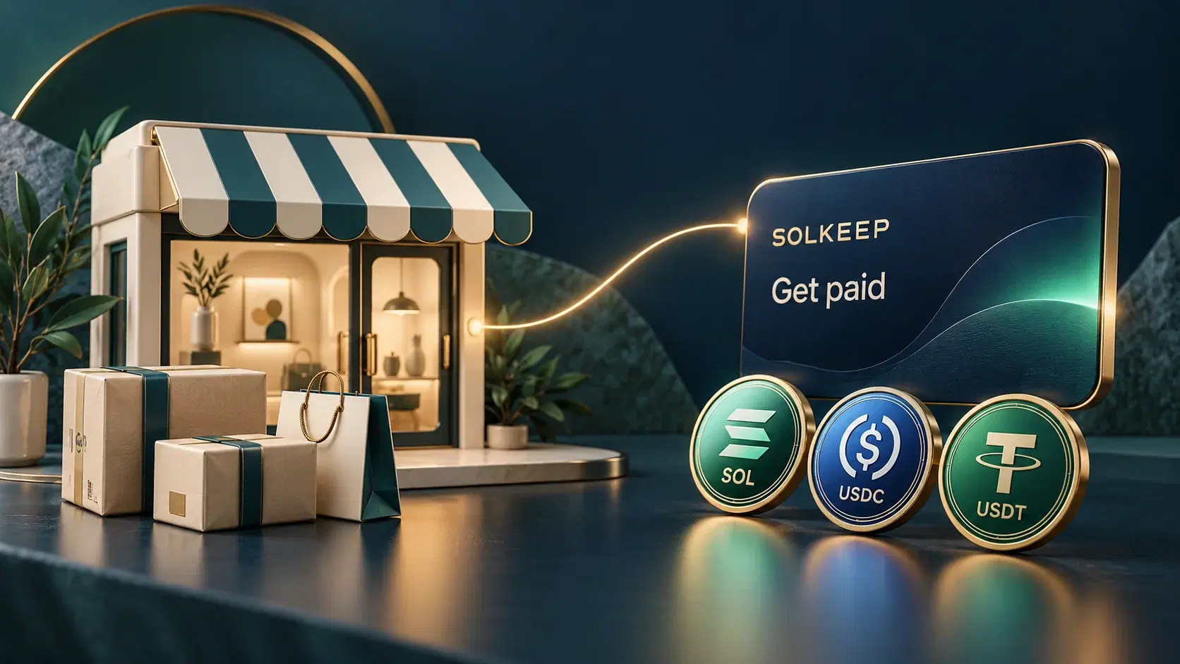 An online storefront and parcels beside a SOLKEEP Get paid card with SOL, USDC and USDT coins