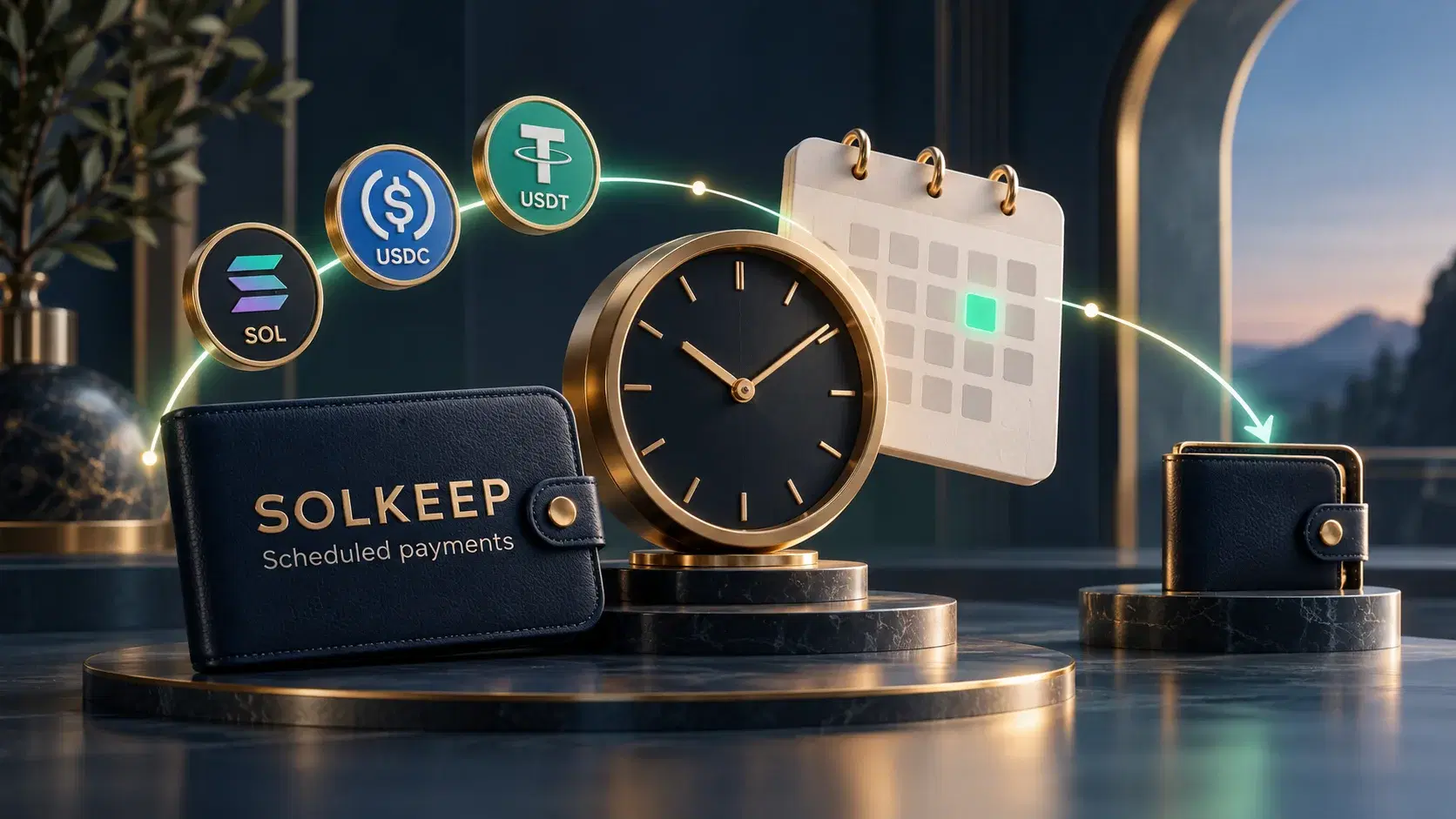A calendar and gold clock beside a SOLKEEP Scheduled payments card and SOL, USDC and USDT coins