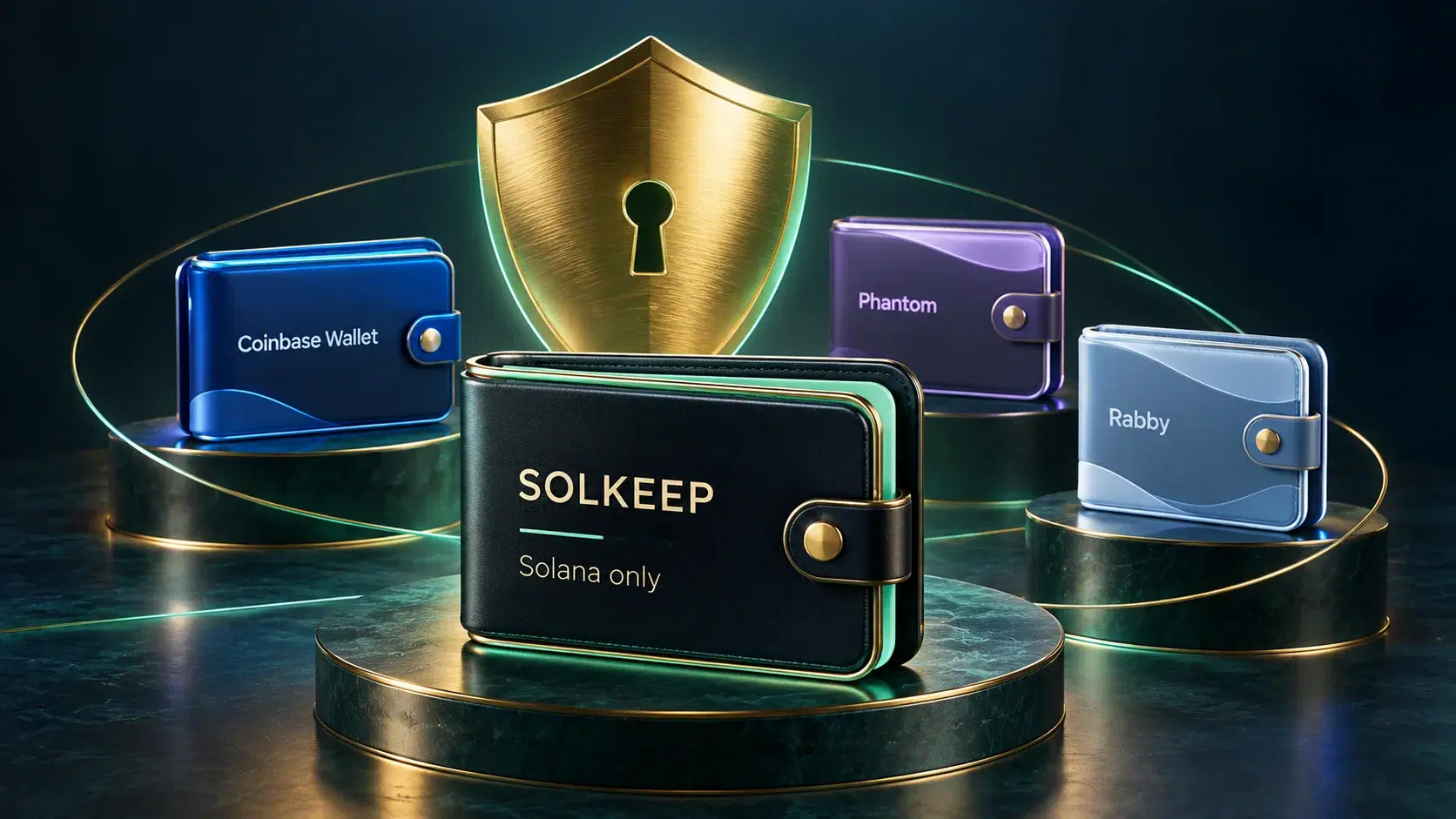A shield with wallet cards for SOLKEEP, labelled Solana only, Coinbase Wallet, Phantom and Rabby