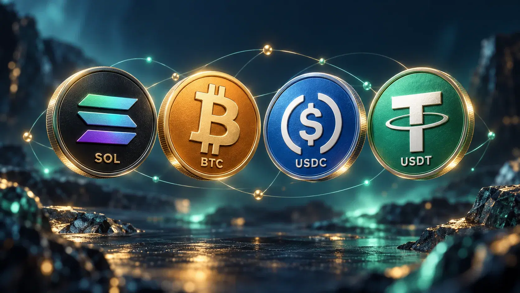 Four illustrated cryptocurrency coins labelled SOL, BTC, USDC and USDT