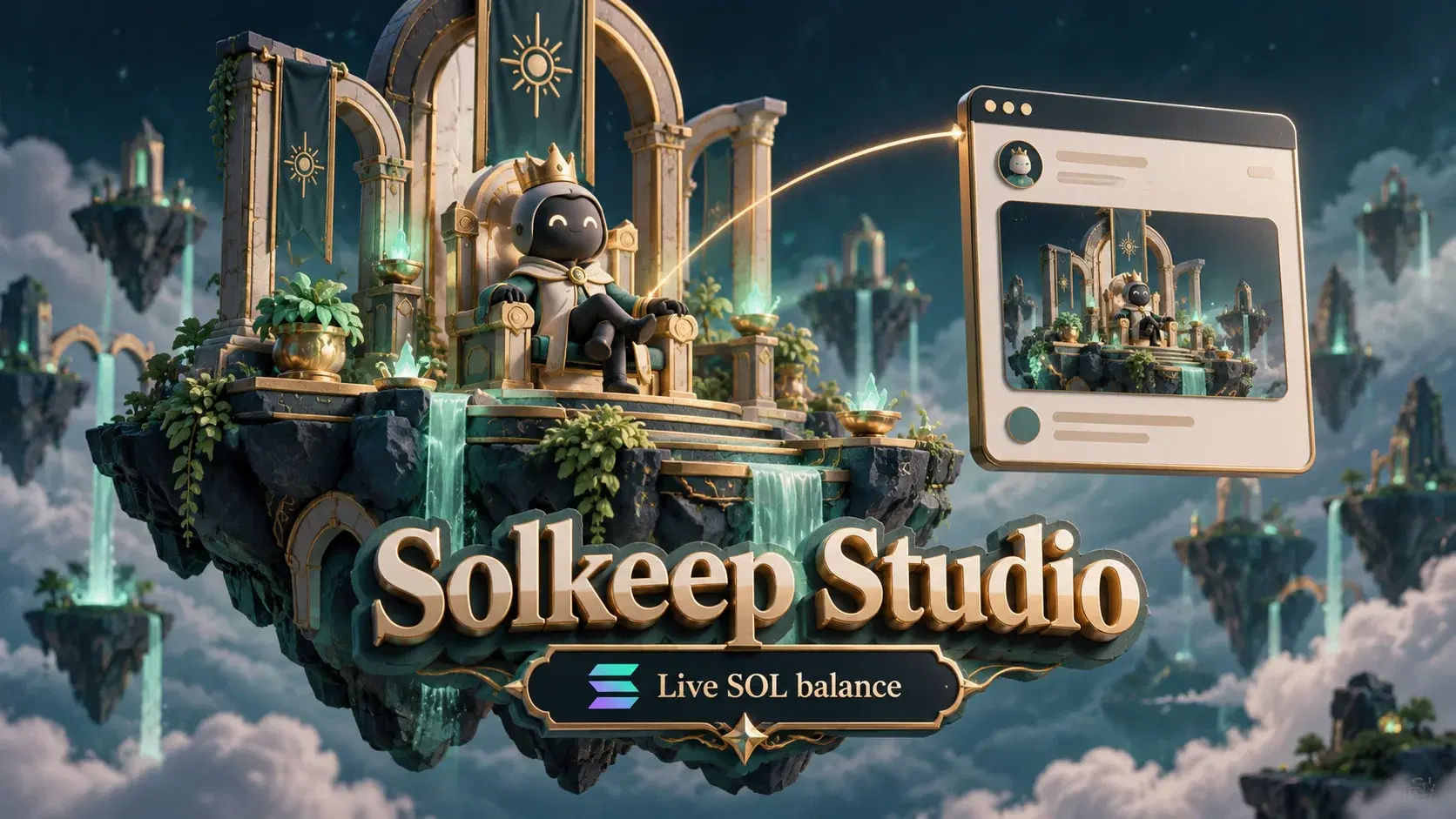 A miniature 3D throne-room world with a crowned avatar, live SOL balance plaque and a public scene page