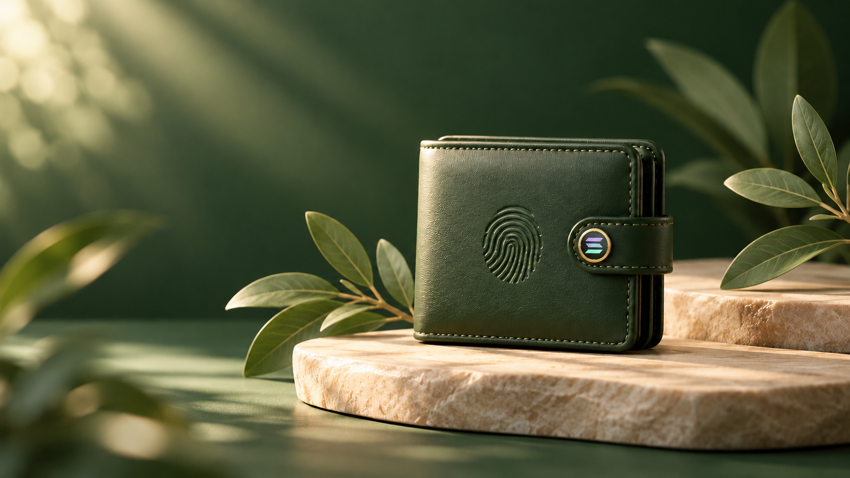 A green wallet with a fingerprint on its front